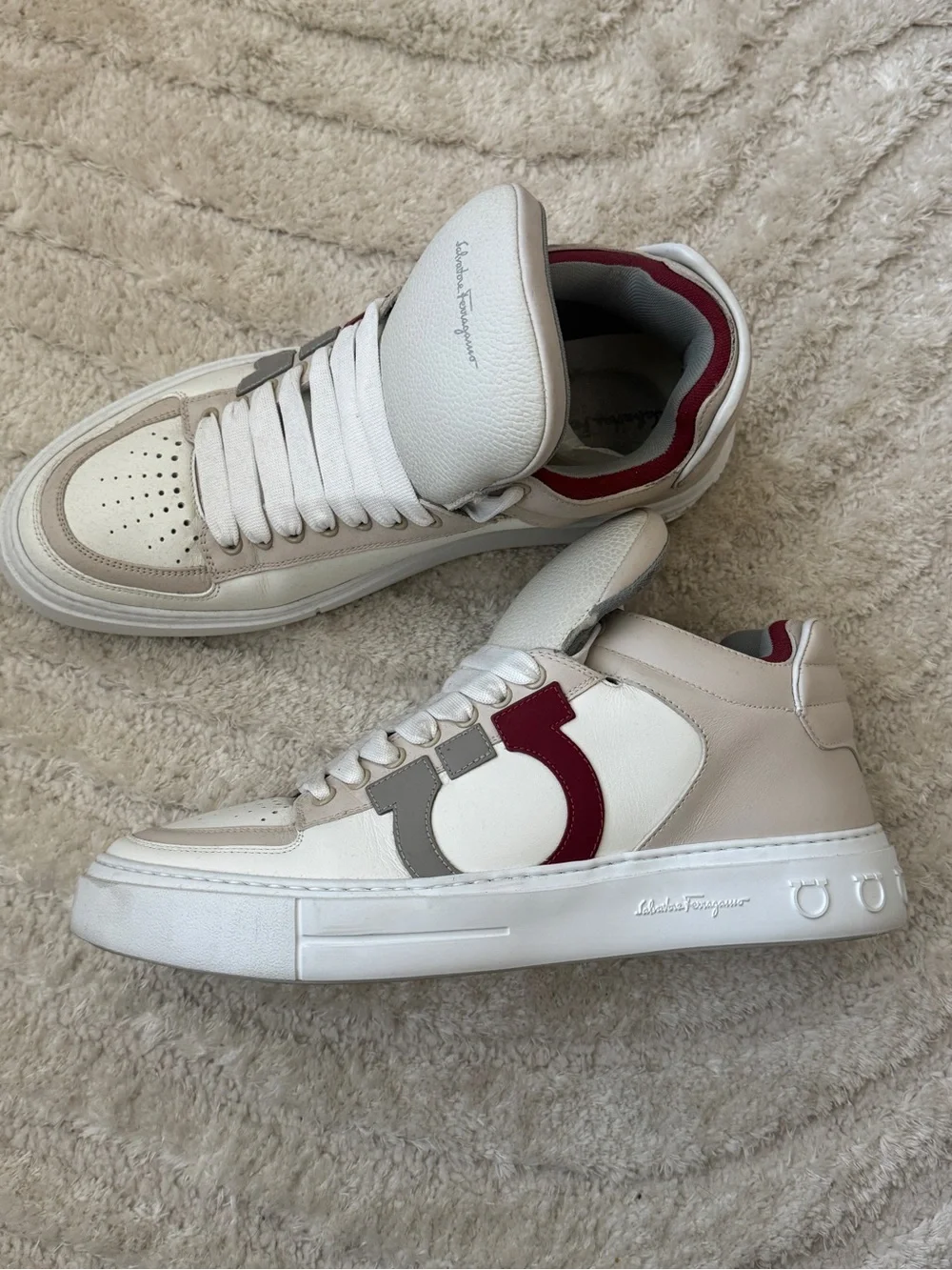 Salvatore Ferragamo White, Beige & Red Men's Sneakers